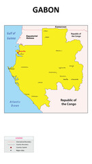 Gabon map. Major cities in Gabon. Political map of Gabon with border and neighbouring countries.
