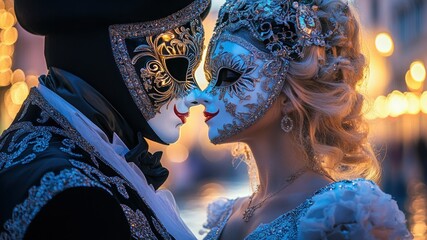 Mysterious masked couple in Venice, romance, Venetian Carnival, fairytale.