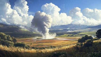 Expansive landscape with billowing clouds, geyser, and a lone figure.