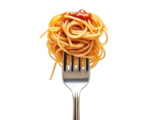 A fork holding a twirl of spaghetti topped with tomato sauce against a plain background.