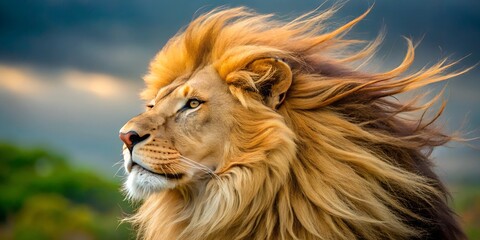 Fototapeta premium Majestic lion with thick golden mane blowing in the wind during a serene afternoon wind, afternoon, animal, wildlife, powerful, nature, strength, close, fur, 