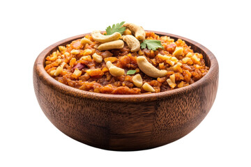 Fototapeta premium Aromatic Indian Halwa in Wooden Bowl Cashews Peanuts Rich Warm Colors Dark Background
