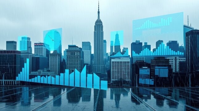 A cityscape featuring digital charts reflecting economic progress in the rain - Powered by Adobe
