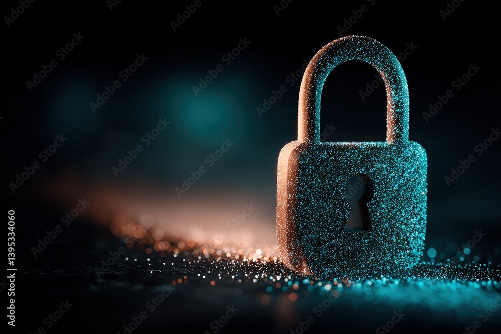 Poster glittering padlock on a dark background with colorful bokeh lights.