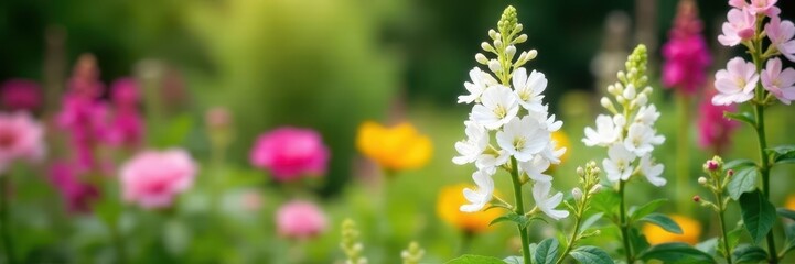 Fototapeta premium Simple white verbascum in a summer garden Roses and salvia provide a colorful backdrop , garden, detail