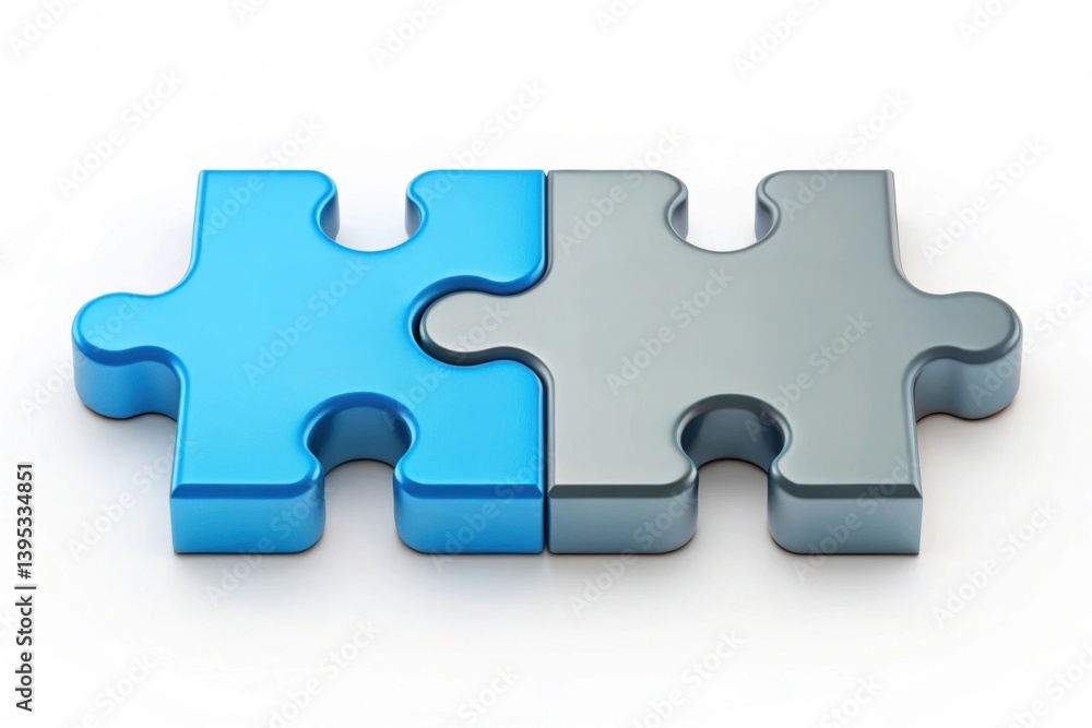 Poster two interlocking puzzle pieces in blue and gray, symbolizing connection and problem-solving.