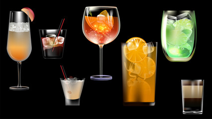 Set of various cocktails. Glass on black background