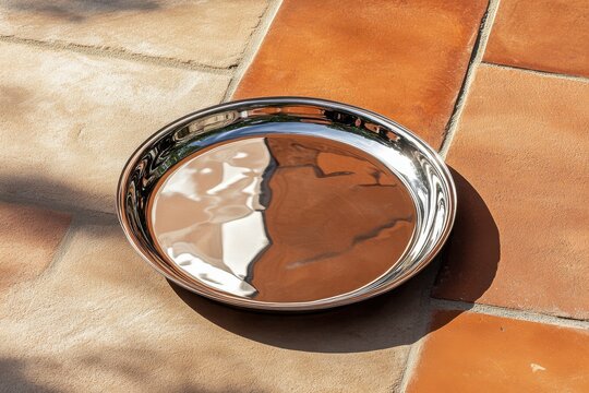 Reflective metal tray resting on a sunlit terracotta floor creating artistic patterns in the afternoon light