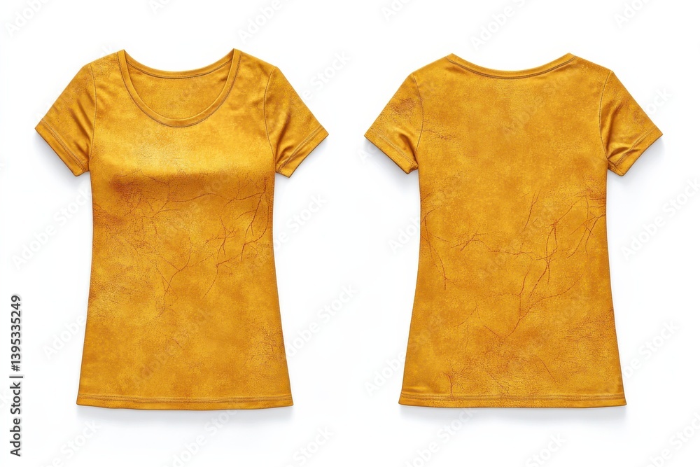 Poster Bright yellow t-shirt with unique texture displayed from front and back angles in a neutral setting perfect for casual wear