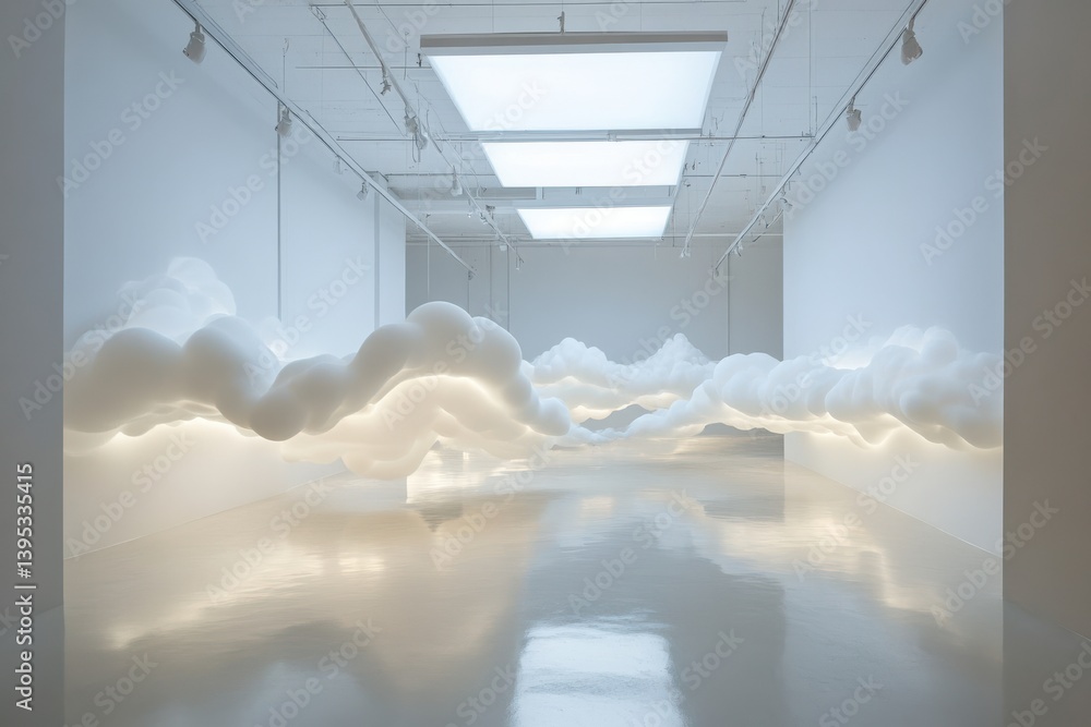 Poster Modern art installation featuring illuminated clouds in a minimalist gallery setting