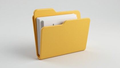 Yellow 3D Rendered Folder Icon With White Documents On White Background