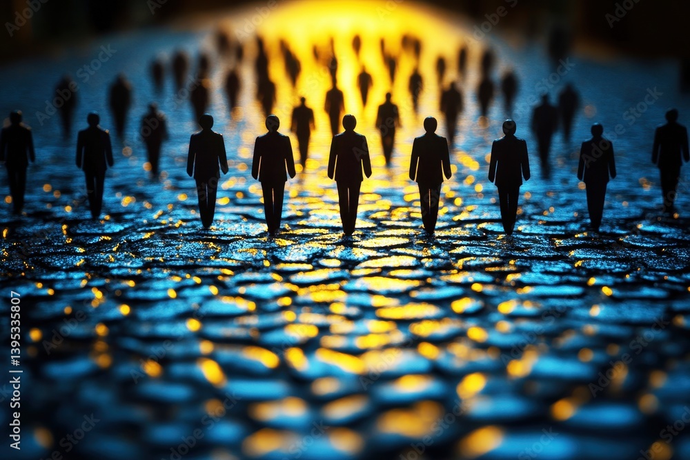 Poster silhouetted figures walking toward light on cobblestone path with reflections at dusk in a mysteriou