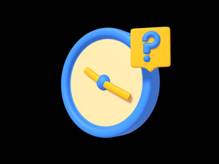3d alarm clock icon with question mark. 3d time watch minimal for manage concept of time, service and support around clock. 3d time manage icon vector rendering illustration