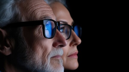 Senior couple wearing glasses, profile view