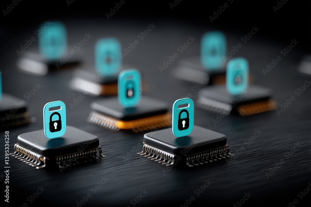 Poster microchips with digital lock icons highlighting cybersecurity concepts.