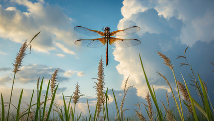Dragonfly Hovering Over Meadow Grass Against A Cloudy Sky Background Scene