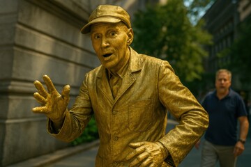 A golden living statue street performer is captured in a dramatic Dutch tilt close-up, mid-motion as he reaches toward an unseen passerby with a surprised expression