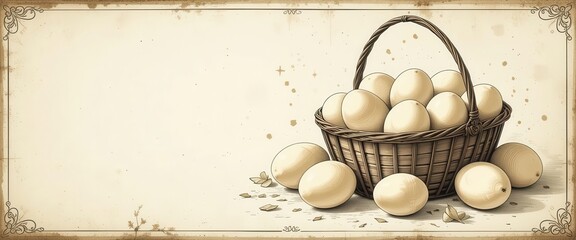  A nostalgic vintage illustration of an antique metal basket brimming with cream colored eggs, creating a timeless and classic