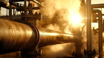 geothermal plant in volcanic area, highlighting clean energy transition, sunset lighting with glow, renewable energy theme
