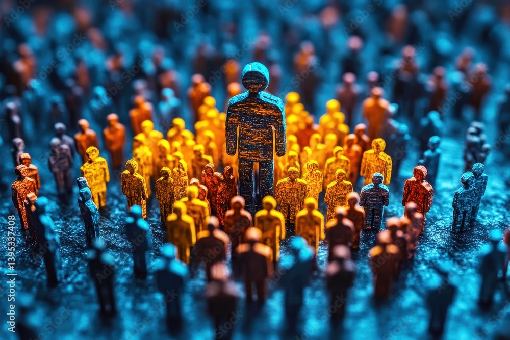 Poster abstract representation of individuality and leadership amidst a crowd of colorful miniature figures