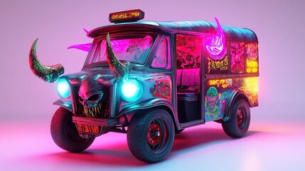 Neon-lit demonic jeepney with skull details.