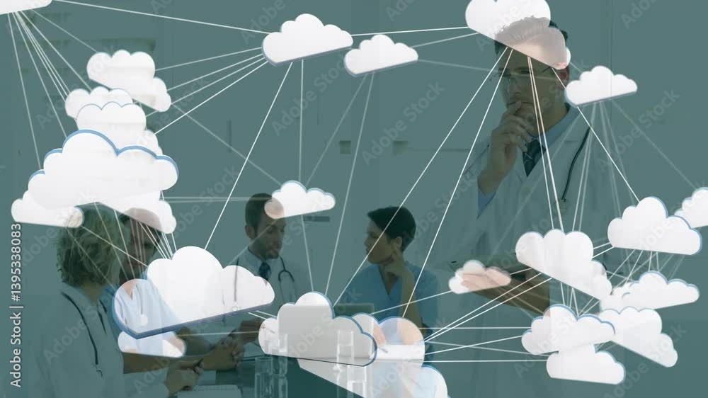Poster discussing with cloud network animation, doctors collaborating in hospital setting