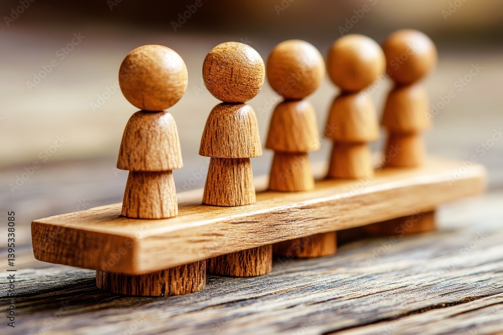 Poster wooden figure group on a stand displayed on a rustic wooden surface capturing concept of teamwork, c
