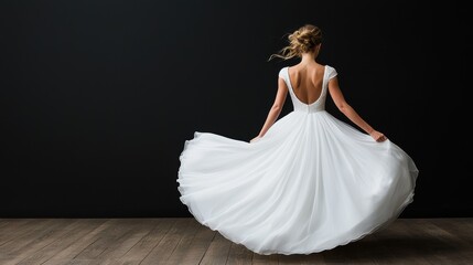 Fototapeta premium Fashion editorial concept. A model gracefully spinning in a flowing white dress