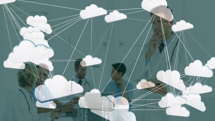 Discussing with cloud network animation, doctors collaborating in hospital setting