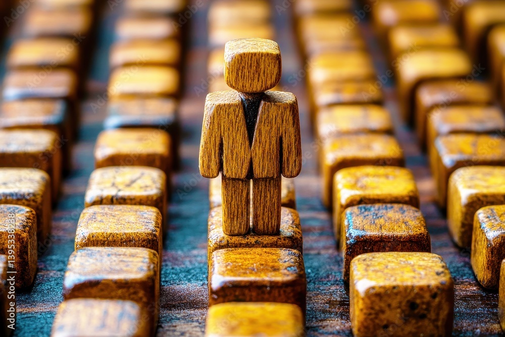 Poster wooden figure in business attire standing on a grid of blocks representing choices and decisions in 