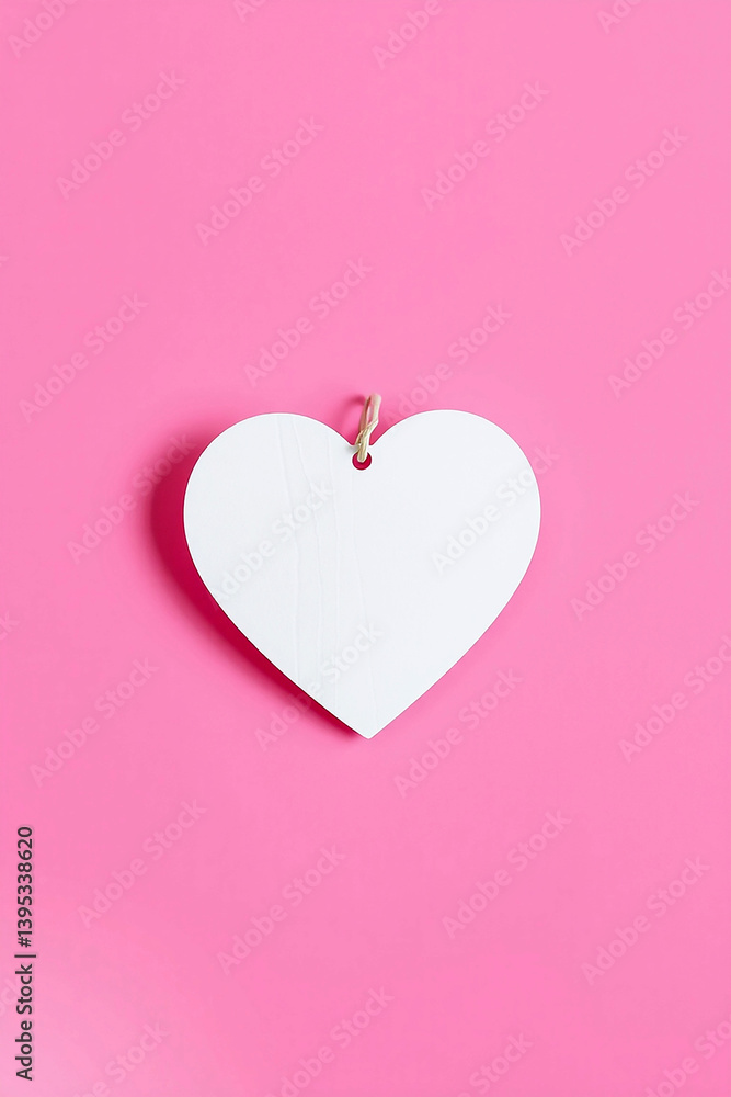 Poster white wooden heart rests on a bright pink background. it hangs with string. simple symbol for affect