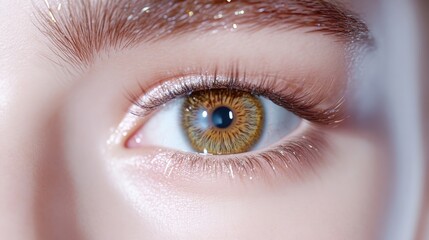 Obraz premium Womans Eye Subtle Makeup Soft Glamorous Style High-definition Closeup Lighting Extreme Closeup View Detailed Lashes Captivating Gaze Neutral Background Warm Peach Tones Ideal for Cosmetic Ads