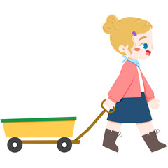 Cute european girl pulling garden cart