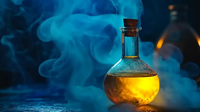 A glowing potion in a glass flask emits colorful smoke against a dark background
