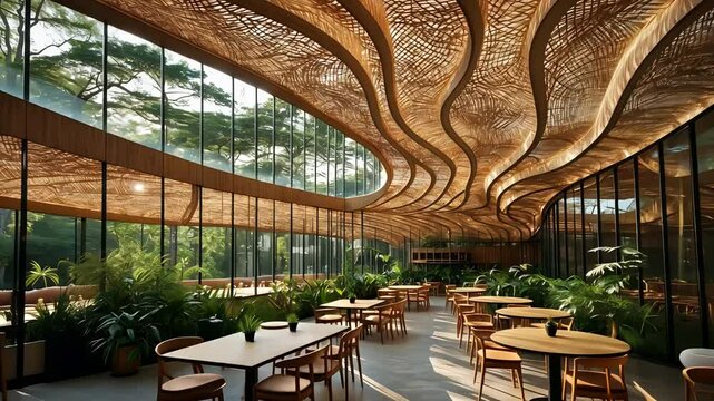 Modern eco-friendly restaurant interior with curved wooden ceiling design, large glass windows, natural light, green plants, and minimalist wooden tables and chairs

