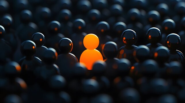 An orange figure stands out amidst a sea of black figures.
