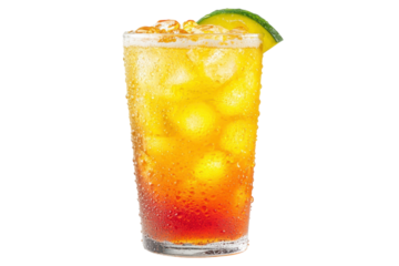 Refreshing iced summer drink with layered orange and red hues ice cubes and a cucumber slice garnish against a black