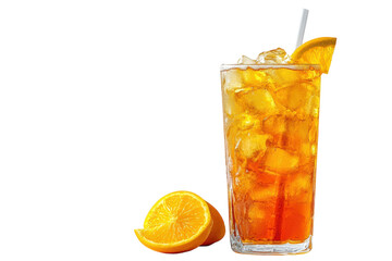 Fototapeta premium Refreshing iced tea with orange slices perfect summer drink against black background Cool golden amber hue with ice