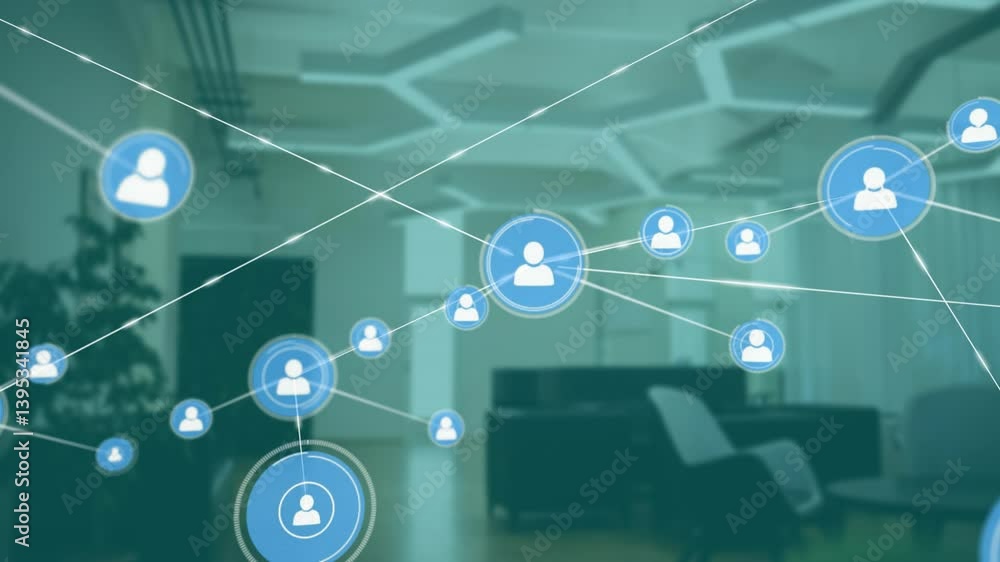 Poster network of connections and data processing animation over office background