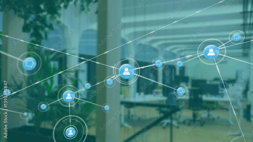 Poster network of connections and data processing animation over modern office environment