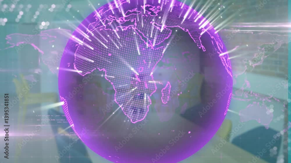 Poster glowing lines and dots forming purple digital globe, creating animation effect