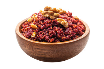 Rich beet and walnut relish in a rustic wooden bowl a vibrant autumnal dish perfect for fall dark background enhances