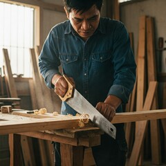 A carpenter uses a hand saw to cut wood in a sunlit workshop, with sawdust in the air and a focus on craftsmanship.