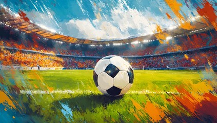Naklejka premium Soccer Ball on Field with Stadium Seating and Bright Sky Paint Style