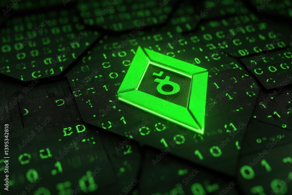 Poster digital green matrix with symbols and a central icon in focus.