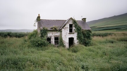 An abandoned cottage enveloped in lush green vegetation, evoking a sense of mystery and nature reclaiming space.