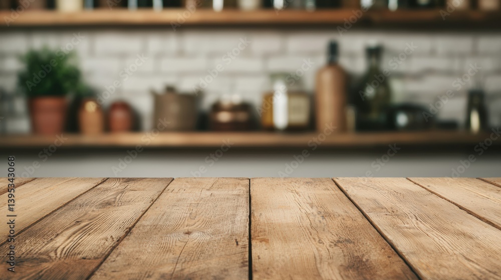 Poster Empty rustic wooden tabletop in front of blurred workshop backdrop