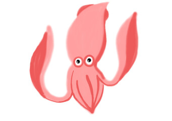 A cartoon squid, hand-drawn with crayons, in PNG format with a transparent background, featuring playful design elements for children's imagination and education.

