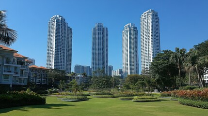 Obraz premium Modern skyscrapers rise above a lush park