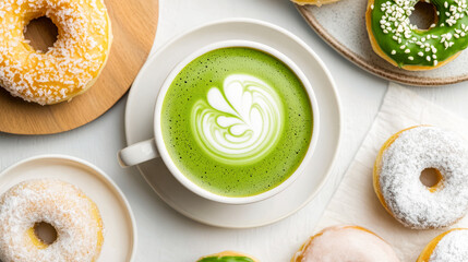 Top-down shot of matcha latte and mochi donuts on textured background, styled aesthetic